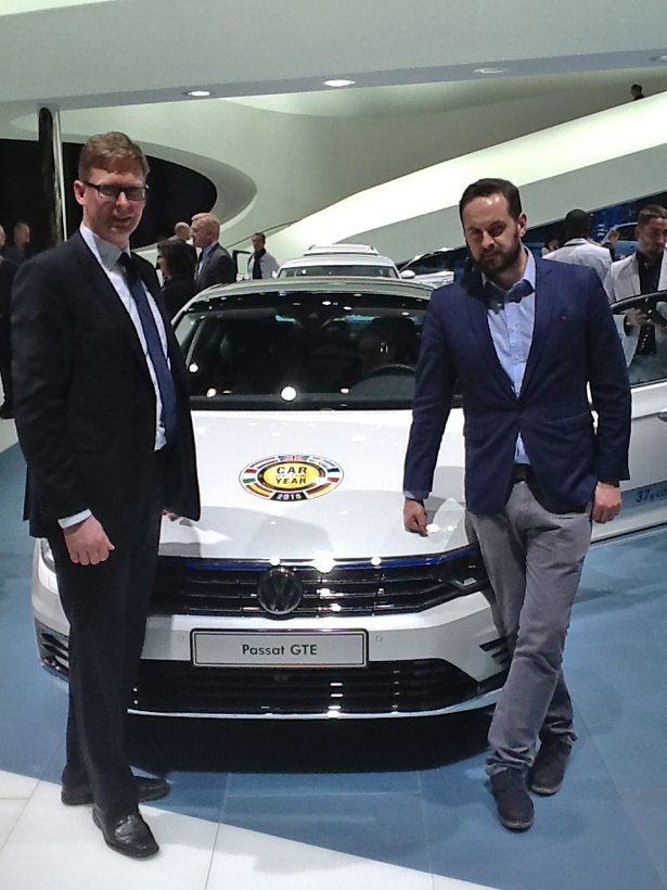 Pictured at the Volkswagen stand in Geneva with the 2015 European car of the year the Volkswagen Passet were Lars Himmer Managing Director Volkswagen Group Ireland and Paddy Comyn PR Manager Volkswagen Group Ireland